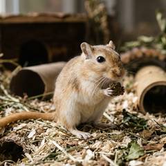 A gerbil eating a pelleted food nugget while holding it in its front paws