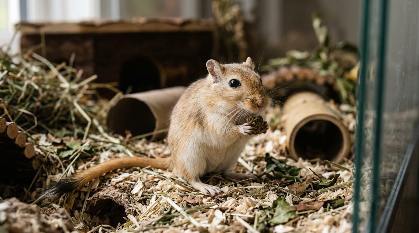 A gerbil eating a pelleted food nugget while holding it in its front paws