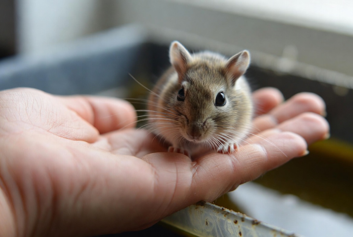Person letting a gerbil climb onto their open hand