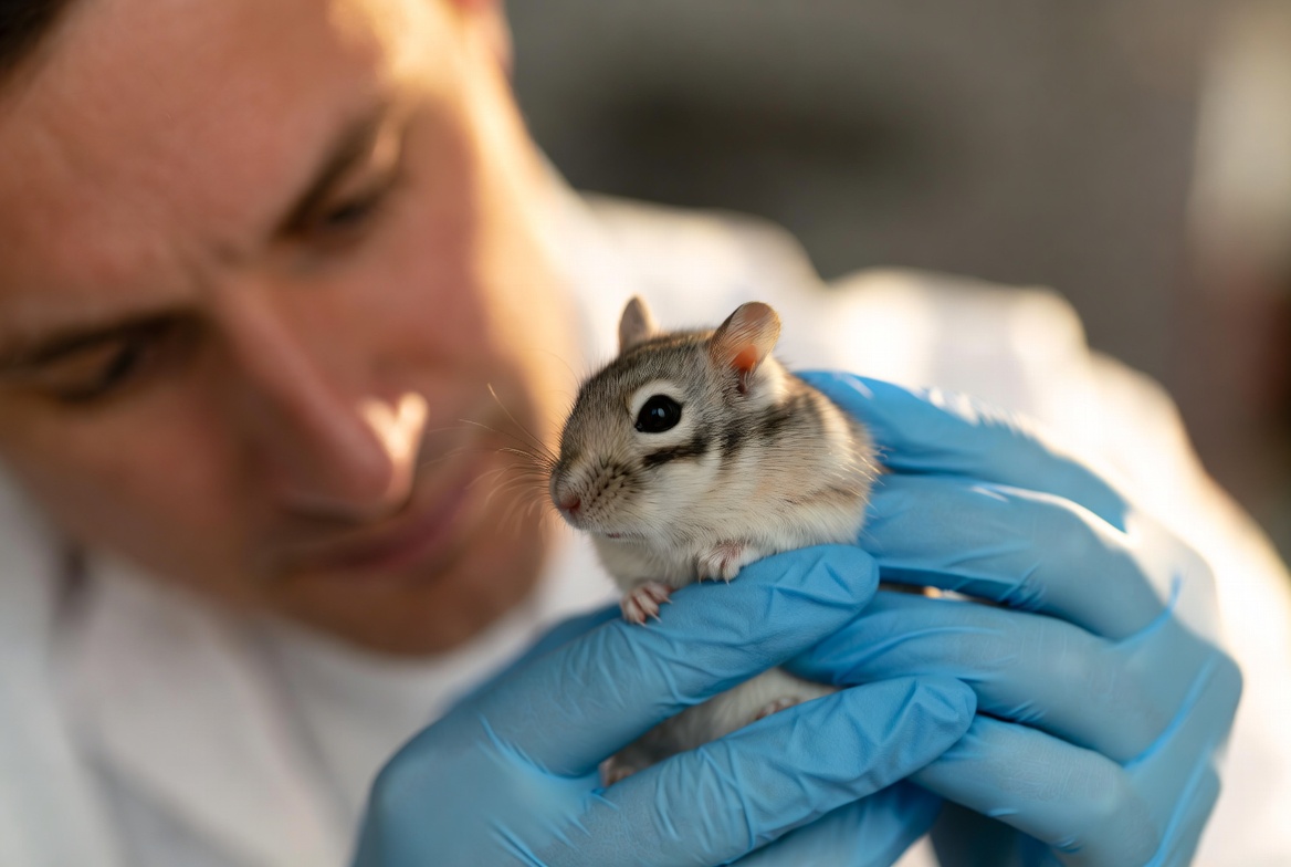 Gerbil being examined by an exotic veterinarian
