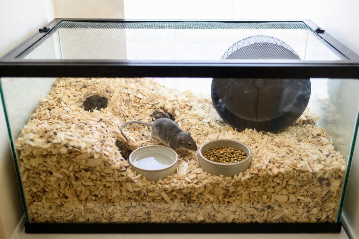 Glass gerbil tank with deep bedding showing tunnel systems, a solid wheel, and a mesh lid