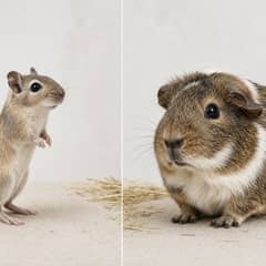 A gerbil and a guinea pig side by side for size comparison