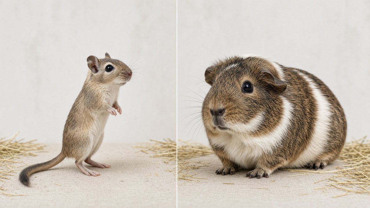 A gerbil and a guinea pig side by side for size comparison