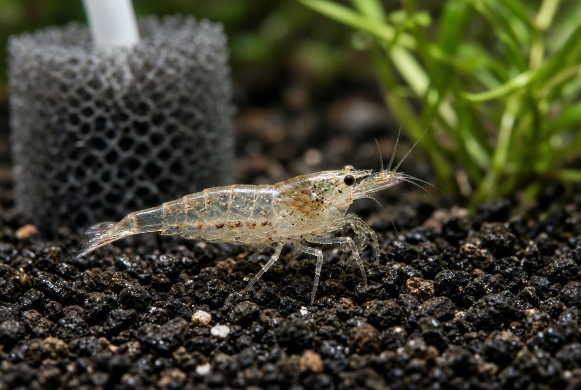 A small group of nearly transparent ghost shrimp foraging along the substrate of a planted aquarium