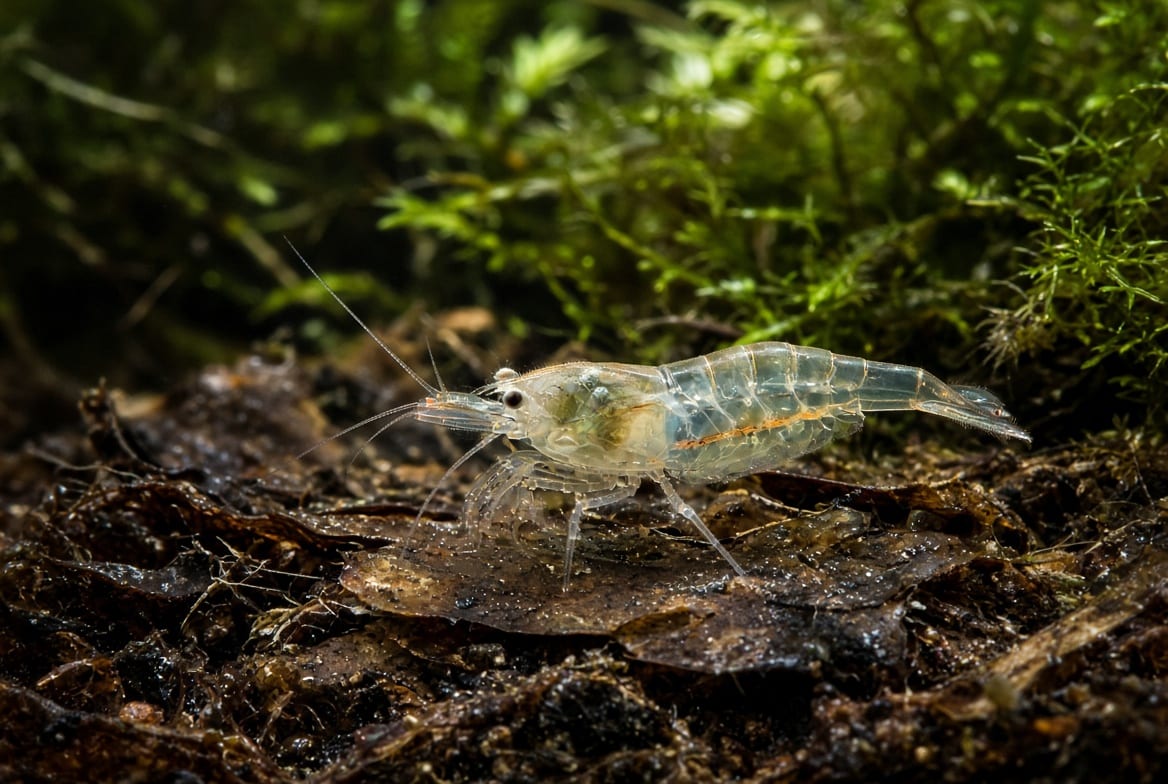 A translucent ghost shrimp picking through leaf litter on an aquarium floor