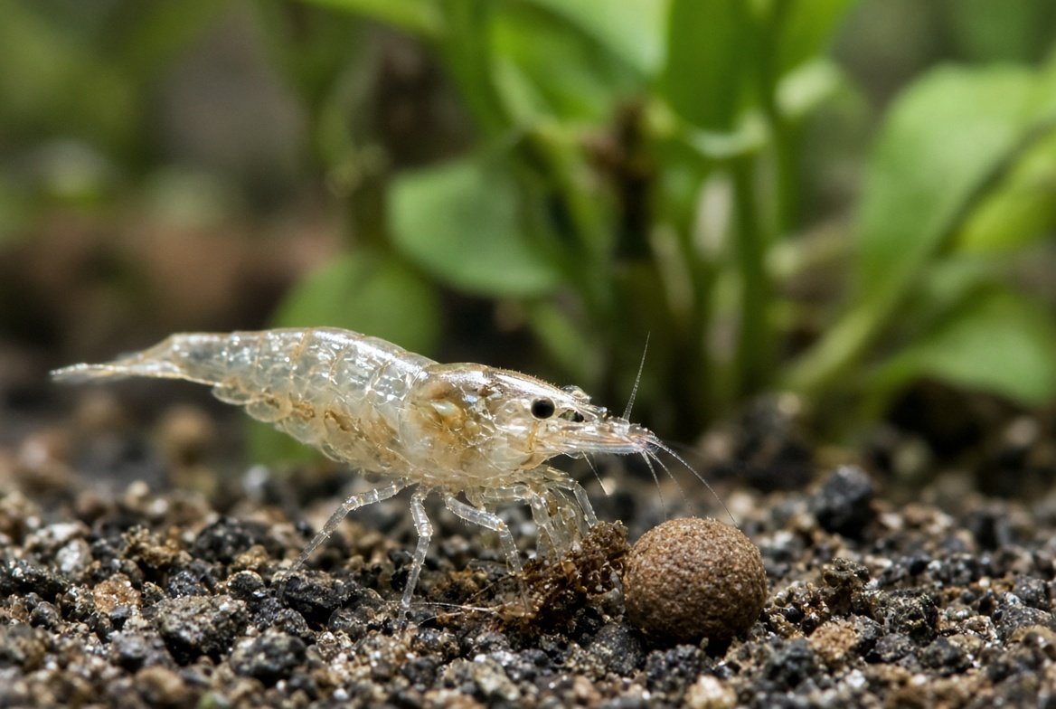 A translucent ghost shrimp picking through substrate debris in search of food