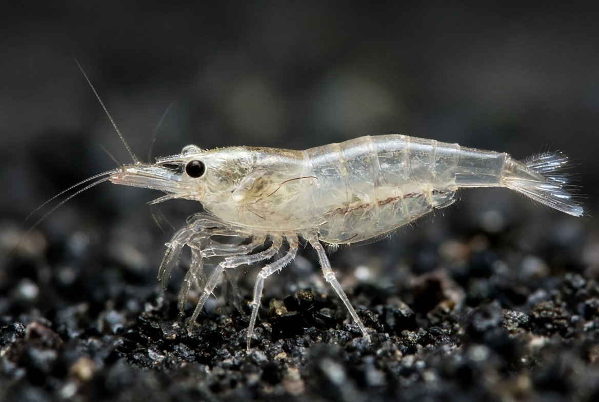 A close-up of a healthy, nearly transparent ghost shrimp resting on a leaf in a well-maintained aquarium