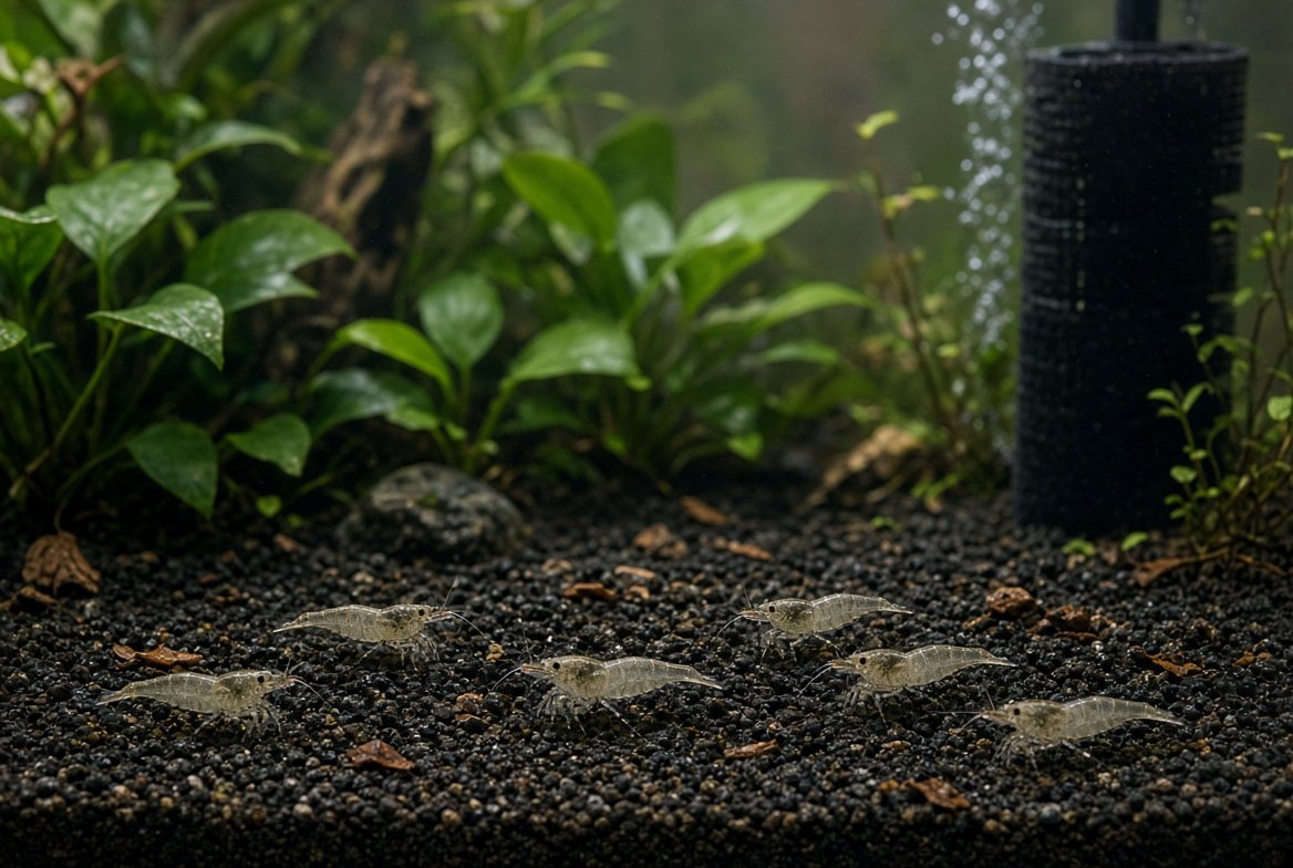 A planted ghost shrimp aquarium with dark substrate, driftwood, and dense hiding cover