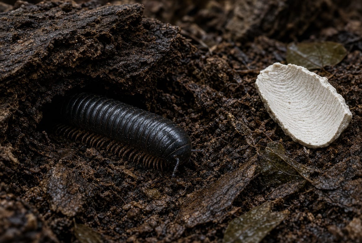 A giant millipede half buried in deep leaf litter and decaying wood substrate