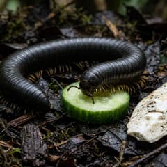 A giant African millipede eating a slice of cucumber on dark leaf litter, with a piece of cuttlebone beside it