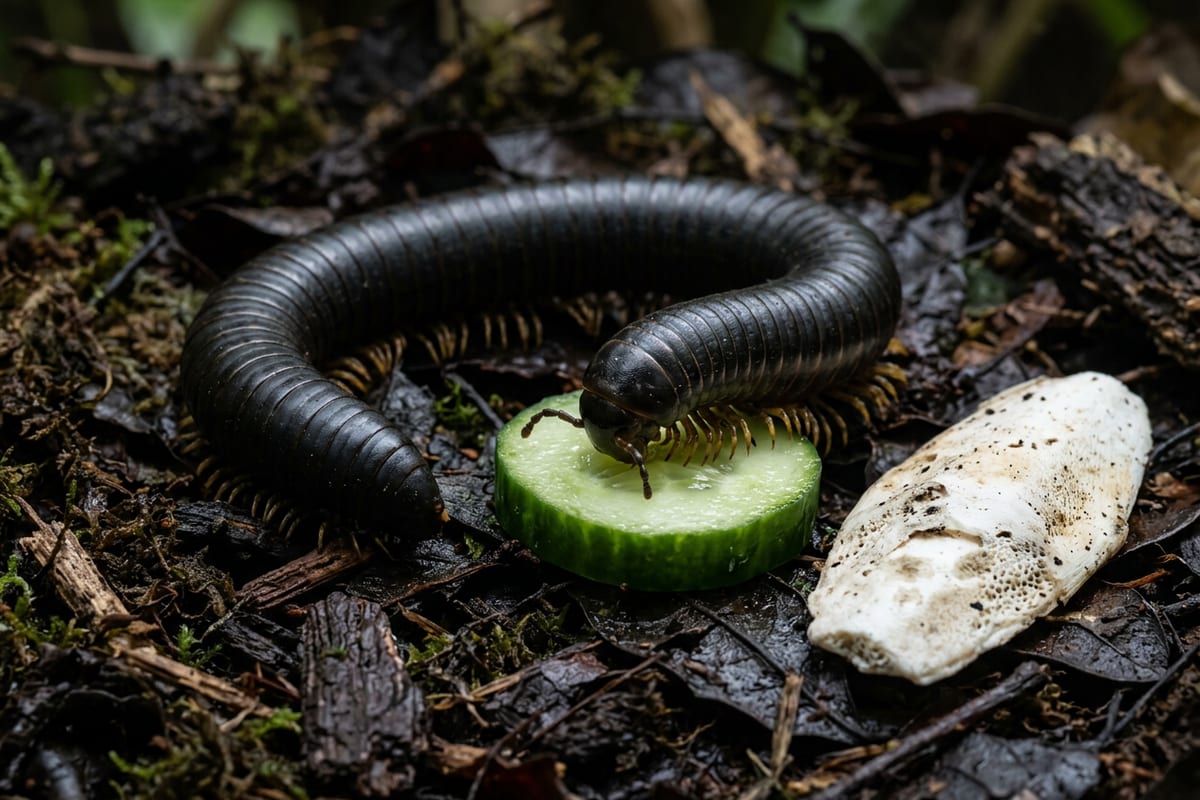 A giant African millipede eating a slice of cucumber on dark leaf litter, with a piece of cuttlebone beside it