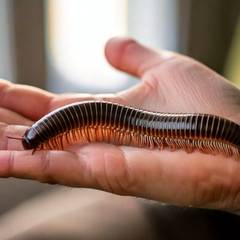 Giant African millipede curled defensively on a keeper's palm above soft substrate