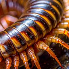 Giant African millipede resting on organic leaf litter substrate showing healthy segments