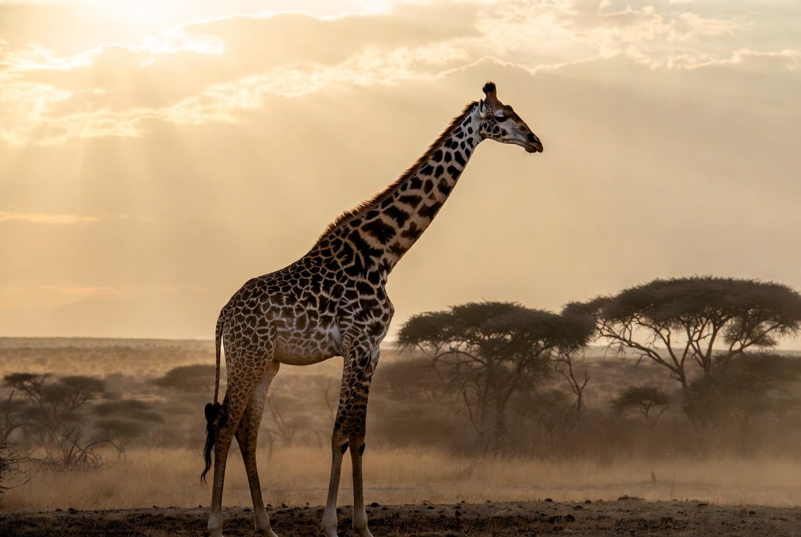 An adult giraffe standing in profile on open savanna, its long neck raised, with acacia trees behind it