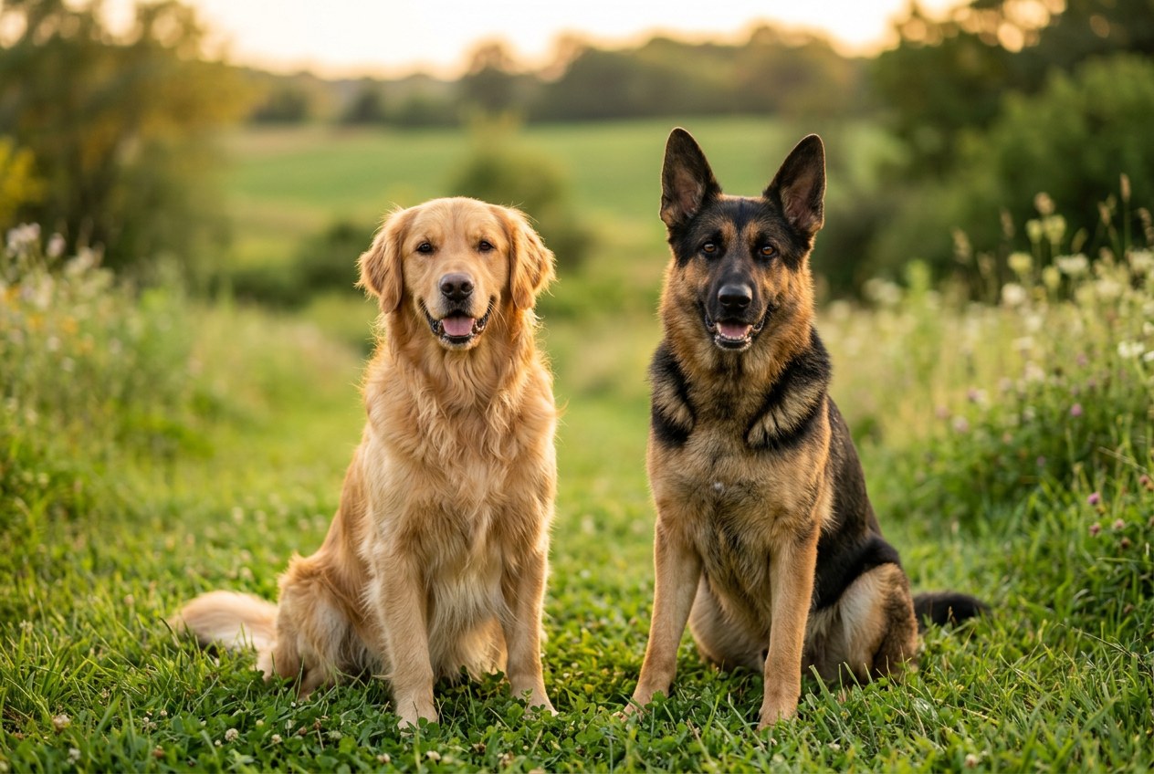 A golden retriever and a German shepherd side by side for comparison