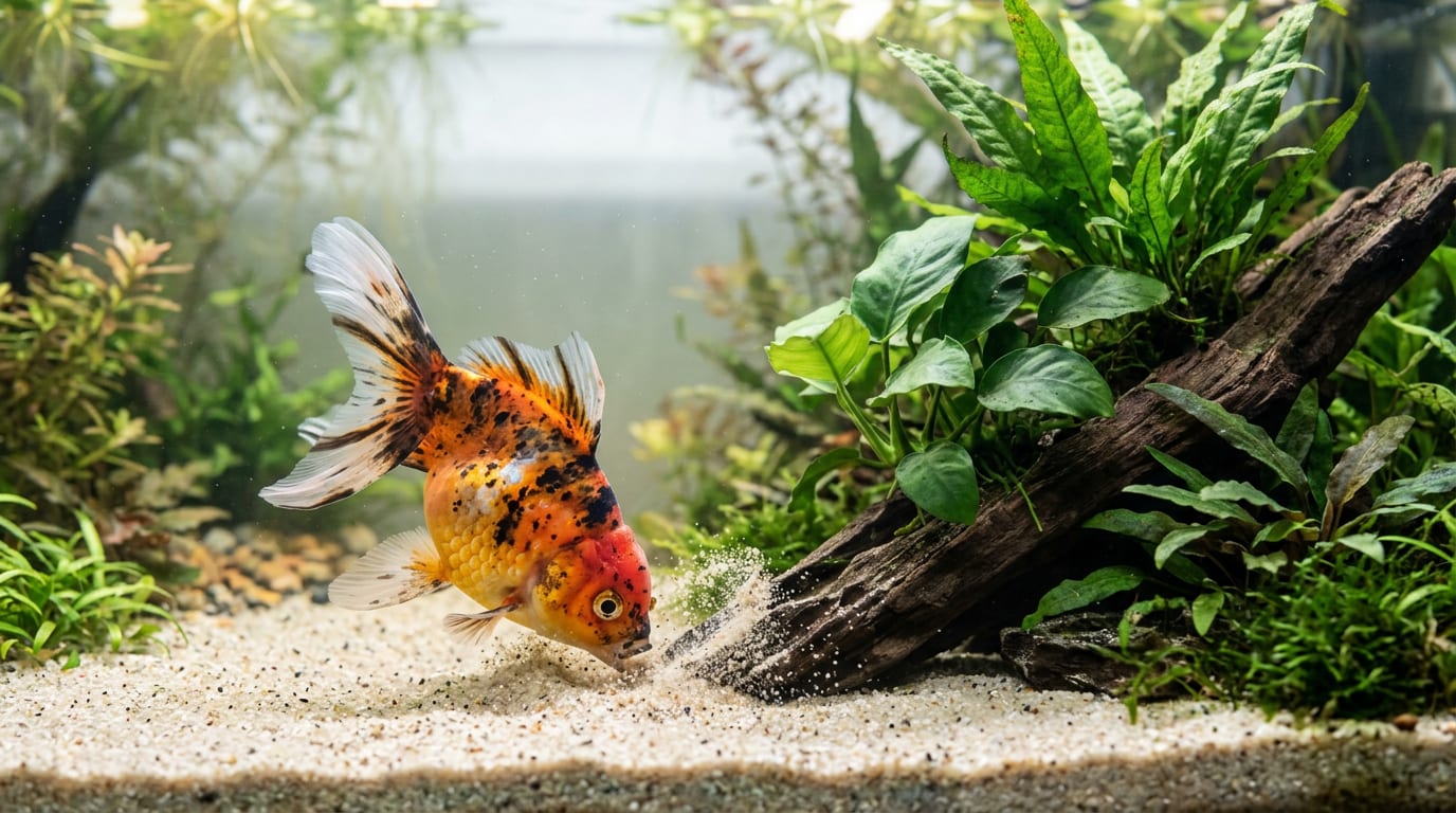 A goldfish foraging along sandy substrate near planted aquarium decor