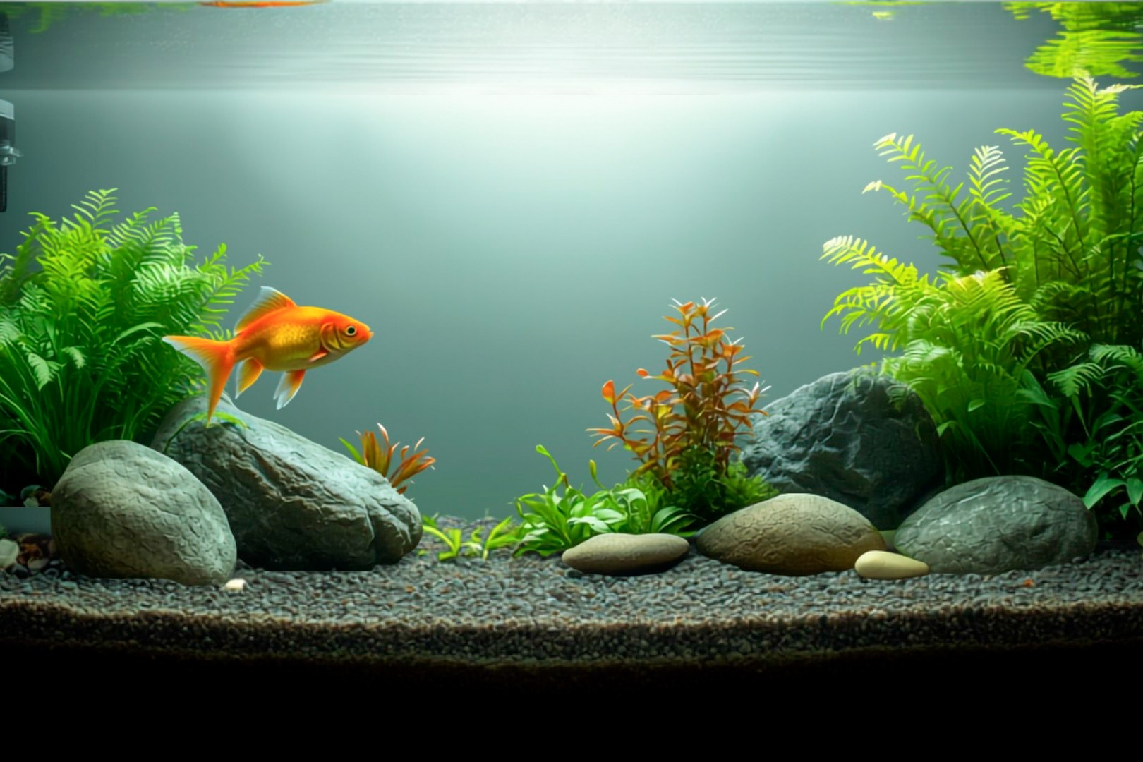 Goldfish swimming in a spacious, properly planted aquarium