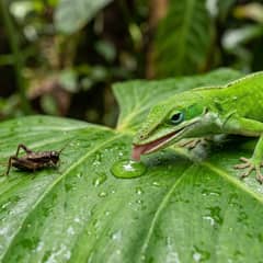 A bright green anole on a broad leaf lapping a water droplet, with a small cricket on the leaf beside it