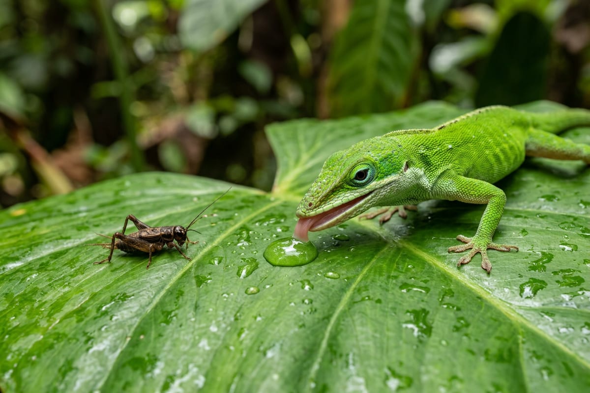 A bright green anole on a broad leaf lapping a water droplet, with a small cricket on the leaf beside it
