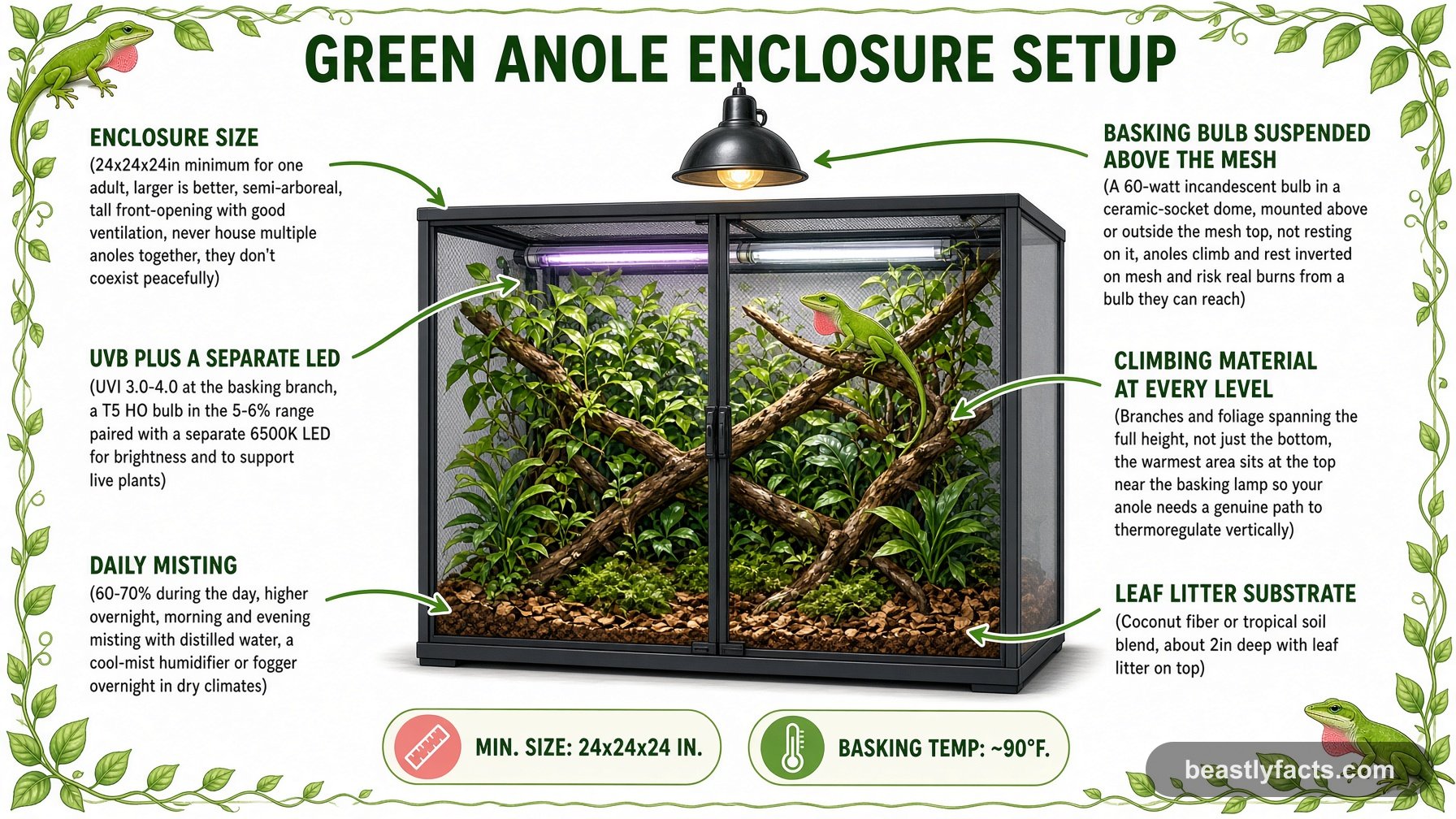 Labeled diagram of a green anole enclosure showing a basking bulb mounted above the mesh, UVB and LED lighting, and climbing material at every level