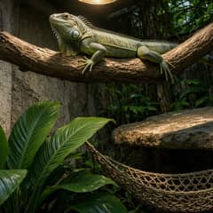 A green iguana resting on a wide elevated branch below a basking lamp