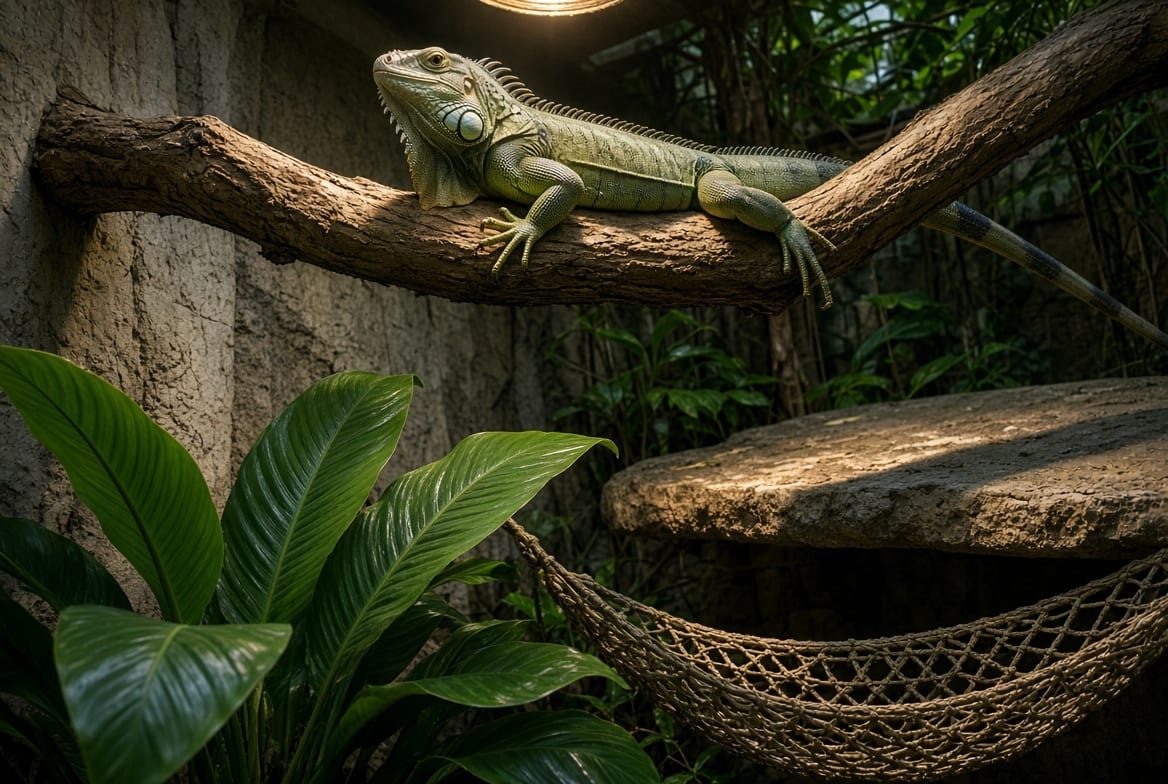 A green iguana resting on a wide elevated branch below a basking lamp
