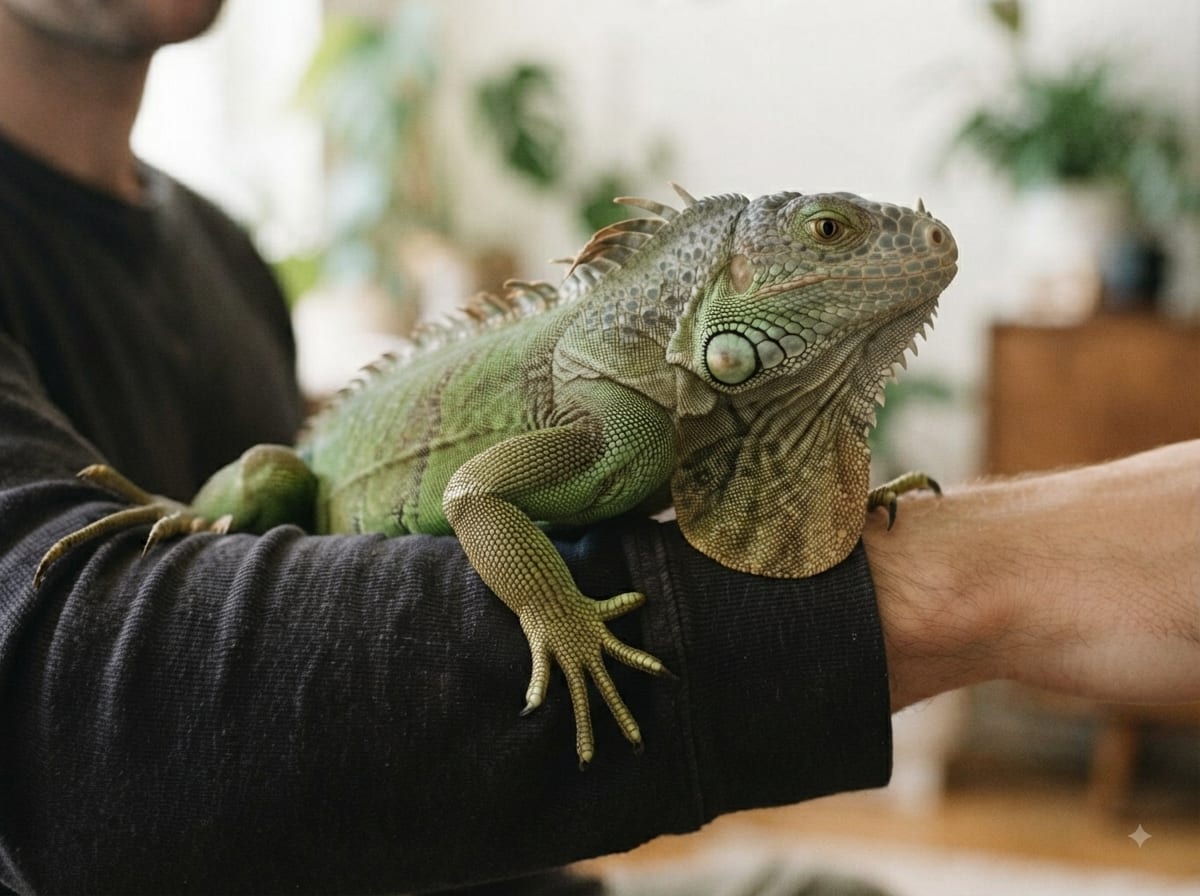 Green iguana calmly perched on an owner's arm during a handling session