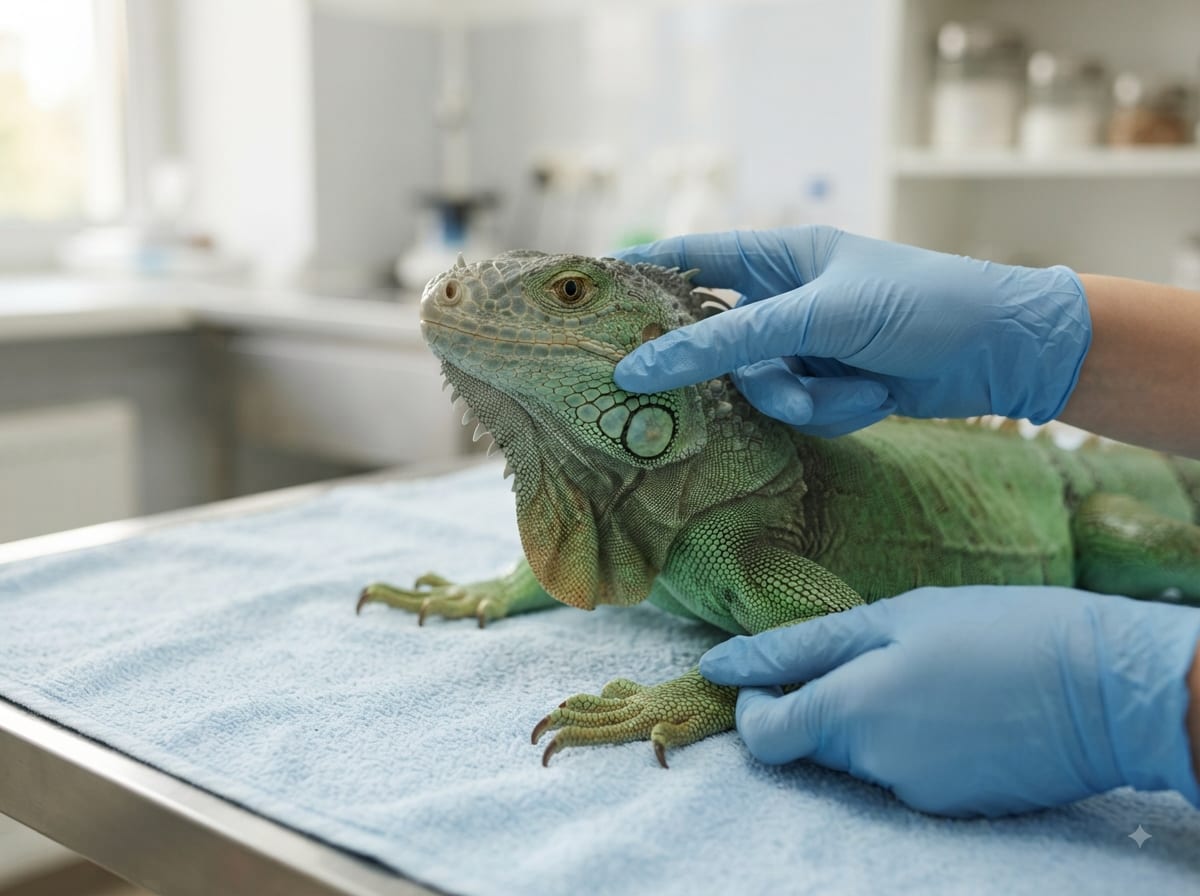 Green iguana undergoing a vet exam to check for signs of metabolic bone disease