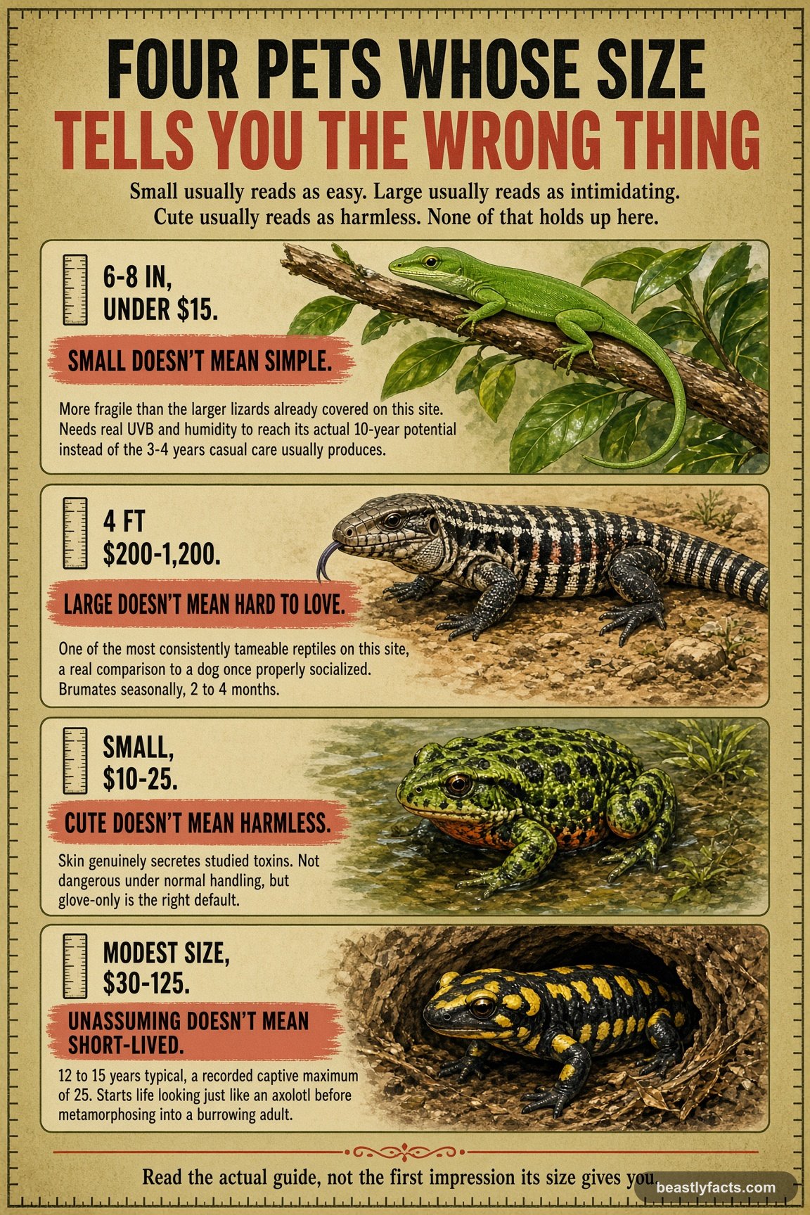 Portrait infographic comparing a green anole, Argentine tegu, fire-bellied toad, and tiger salamander, showing why each one's size gives the wrong first impression