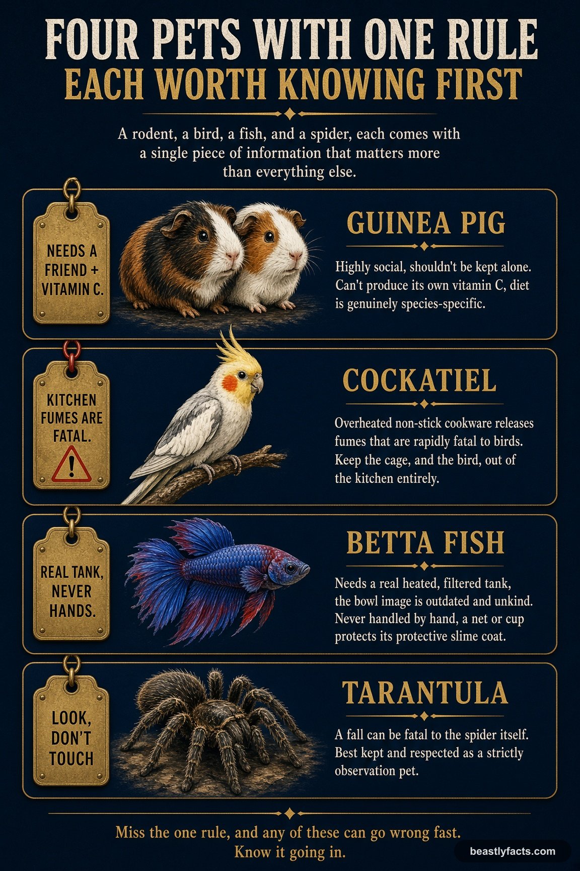 Portrait infographic comparing a guinea pig, cockatiel, betta fish, and tarantula, showing the one non-negotiable rule for each