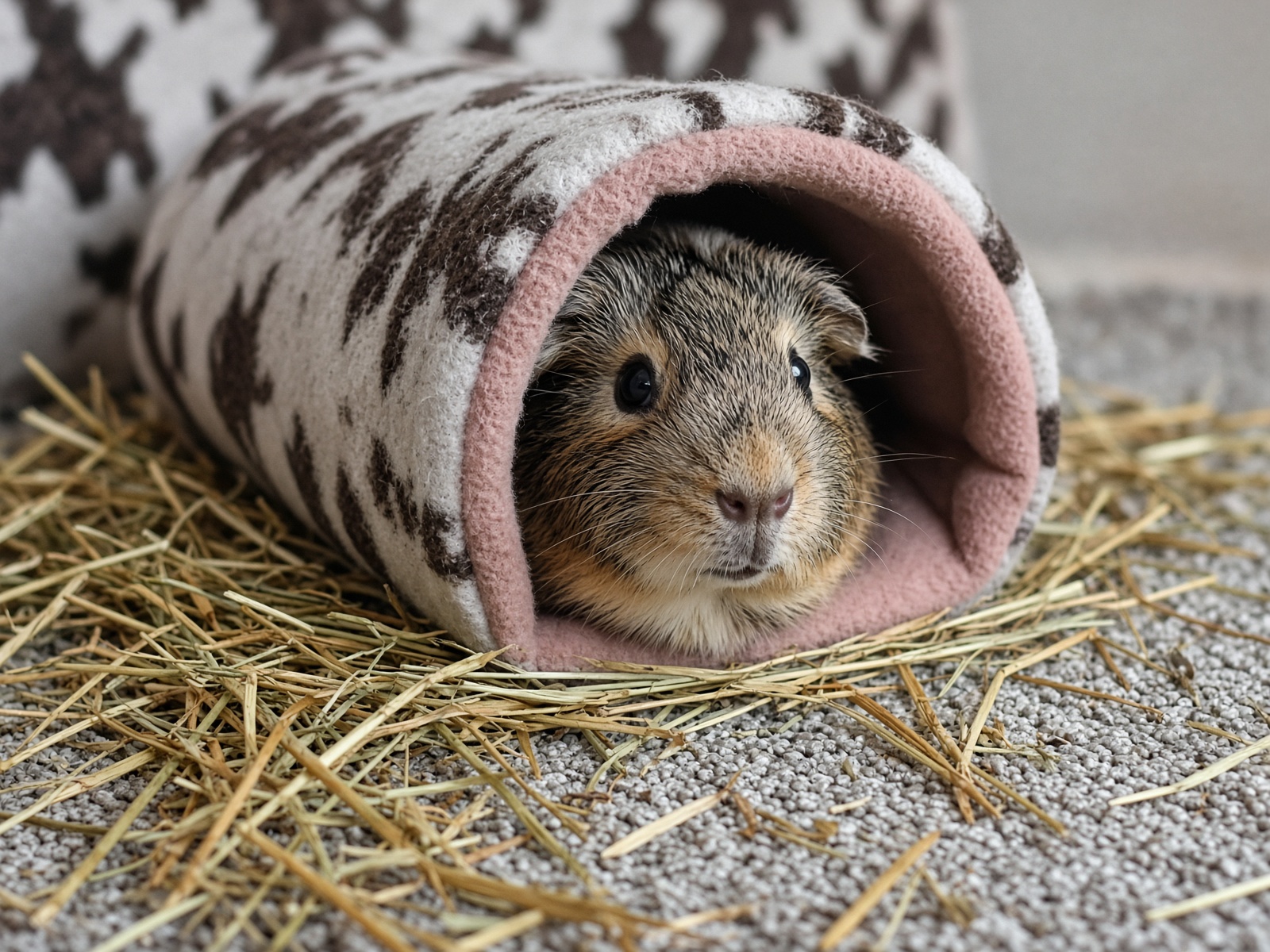A guinea pig peeking out of a fleece hideout tunnel surrounded by hay