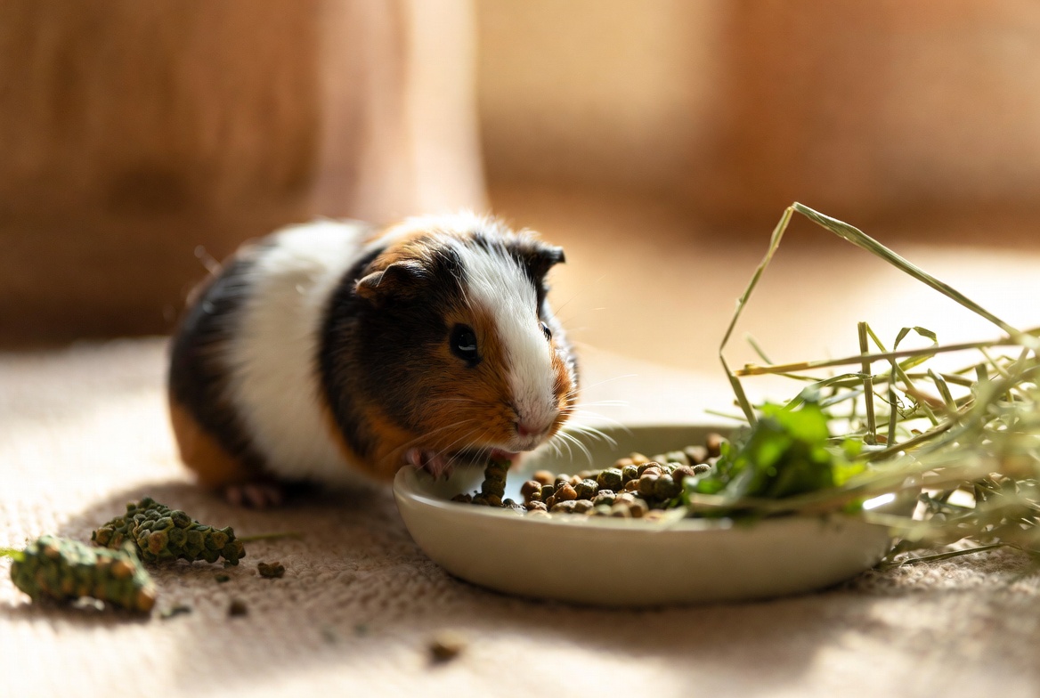Guinea pig eating fresh hay and bell pepper next to a water bottle