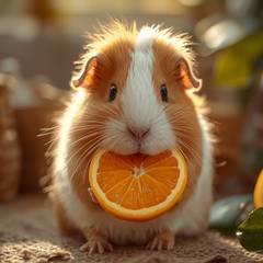 Guinea pig eating a piece of fresh bell pepper