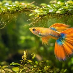 A group of female guppies among dense planting with a male displaying nearby