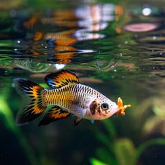 Colorful guppy feeding on flakes at the water's surface