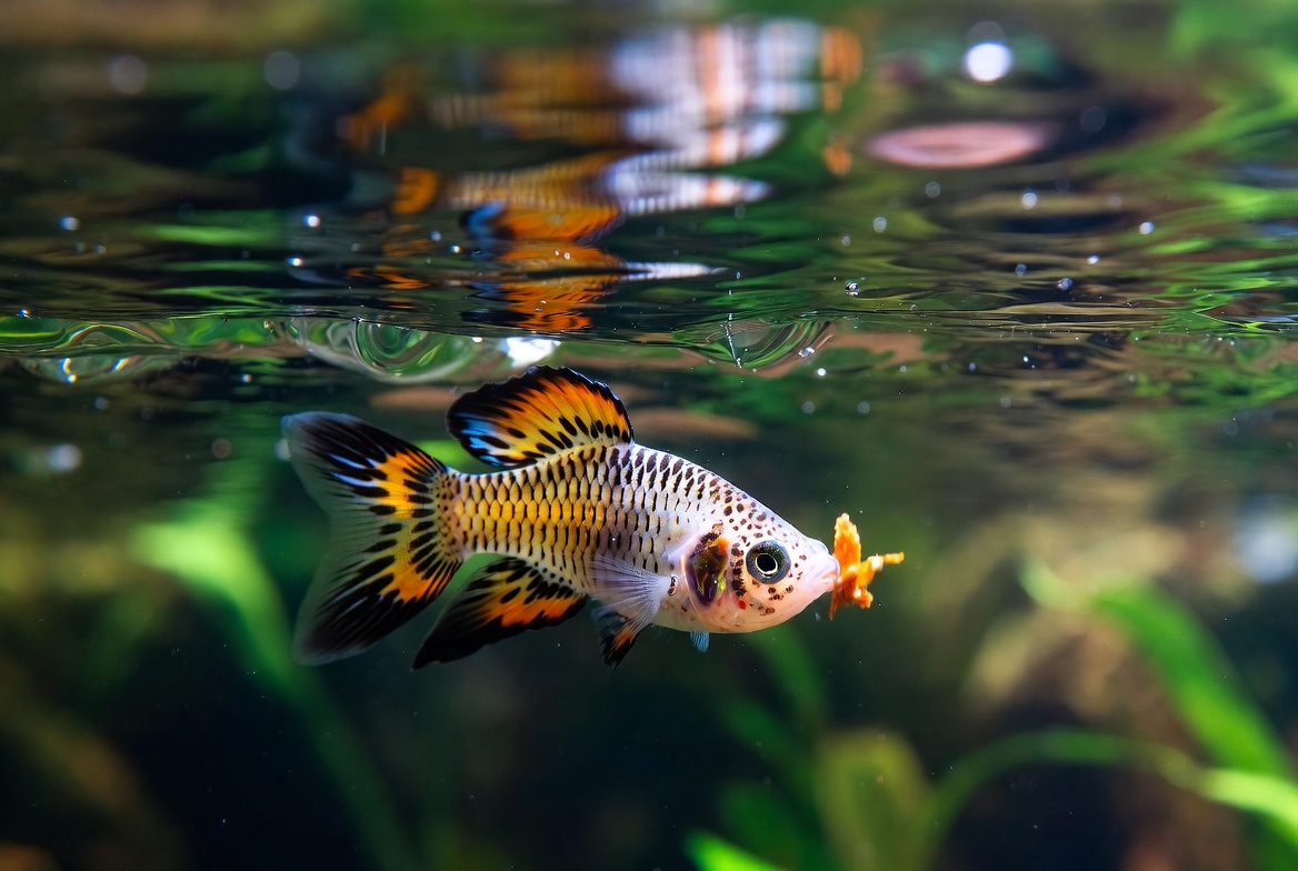 Colorful guppy feeding on flakes at the water's surface