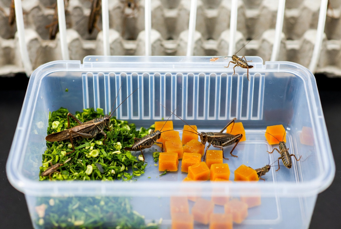 Crickets feeding on leafy greens and orange gut-load cubes inside a plastic keeper