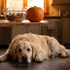 A golden retriever lying on a kitchen floor looking up at a bowl of wrapped candy on a high counter, a carved pumpkin unlit beside it