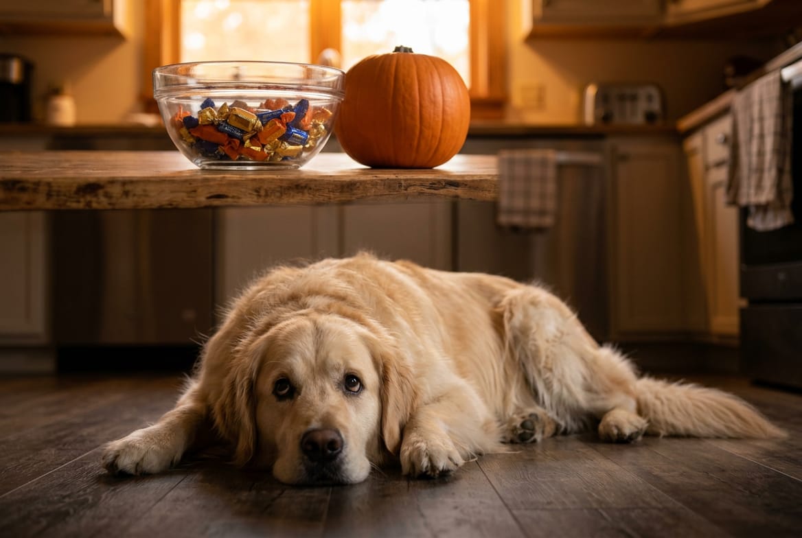A golden retriever lying on a kitchen floor looking up at a bowl of wrapped candy on a high counter, a carved pumpkin unlit beside it
