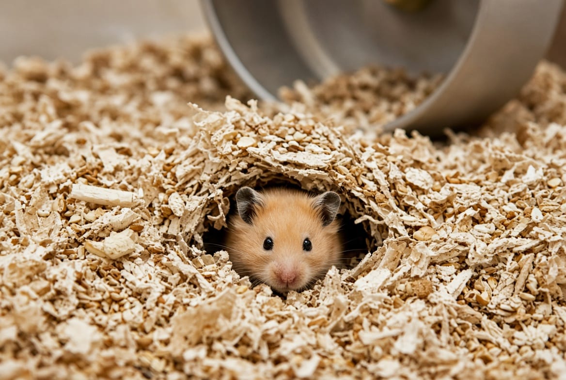 A hamster emerging from a deep burrow it has dug in thick bedding
