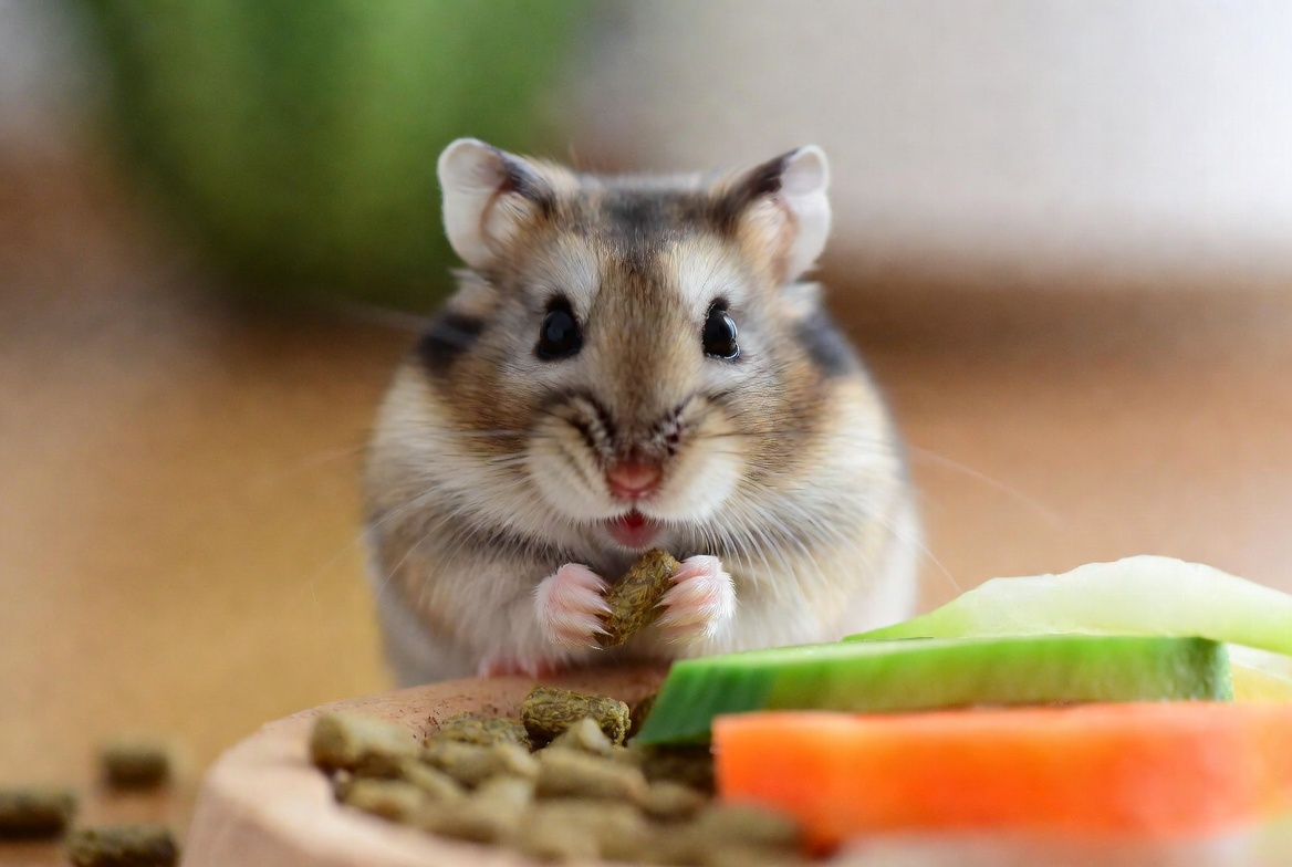 Hamster eating pellets and fresh vegetables from a small dish