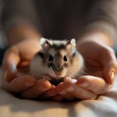 Person letting a Syrian hamster walk onto their open hand