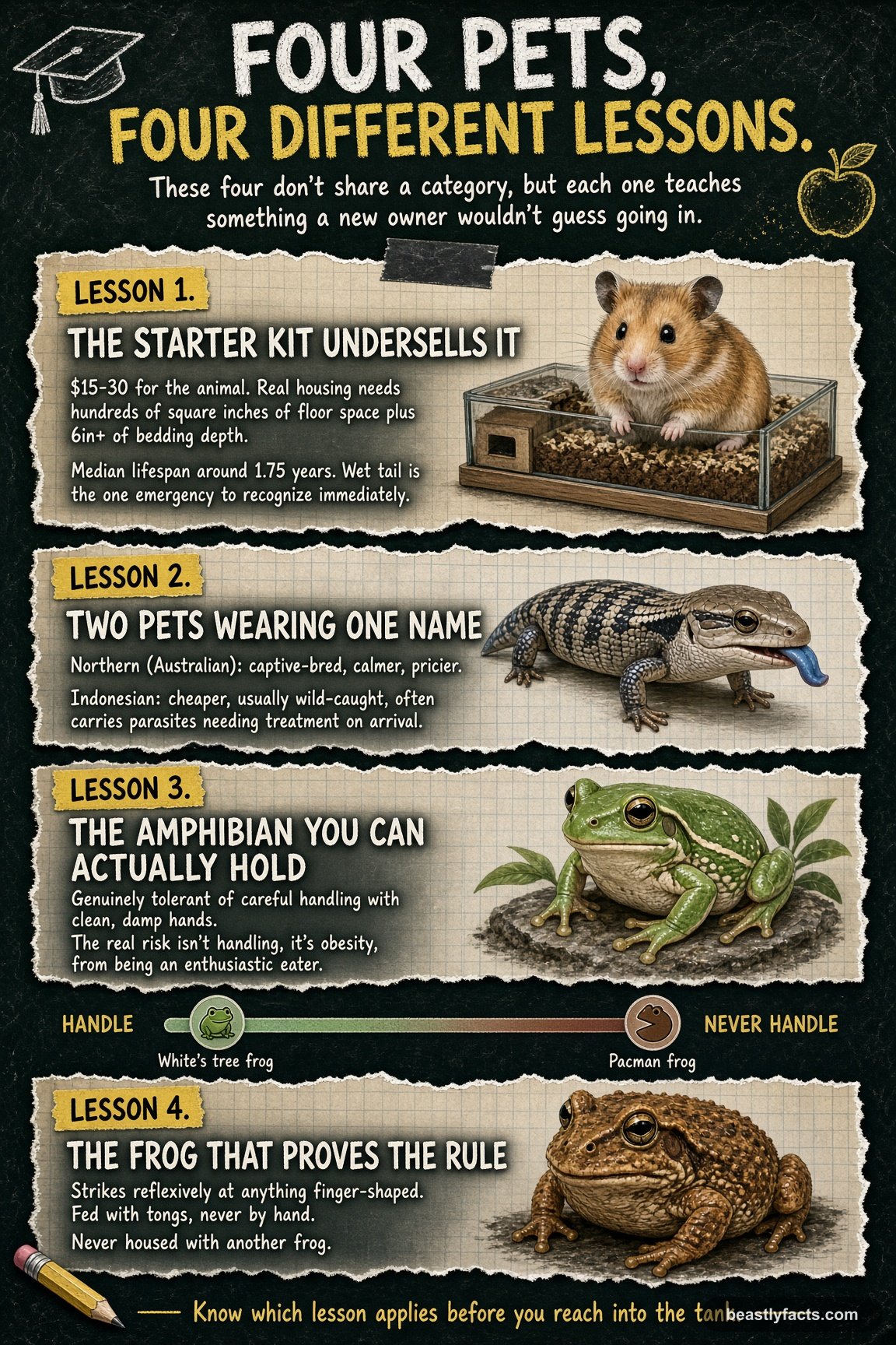 Portrait infographic comparing a hamster, blue-tongued skink, White's tree frog, and Pacman frog, each teaching a different lesson about cost, origin, or handling