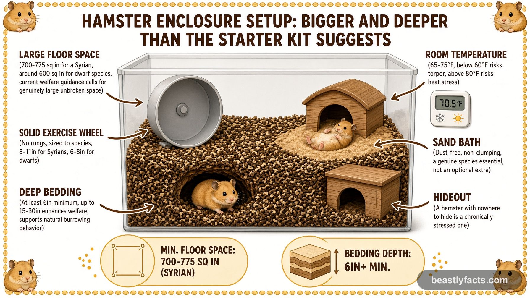 Labeled diagram of a hamster enclosure showing deep bedding, a solid exercise wheel, a sand bath, and a hideout
