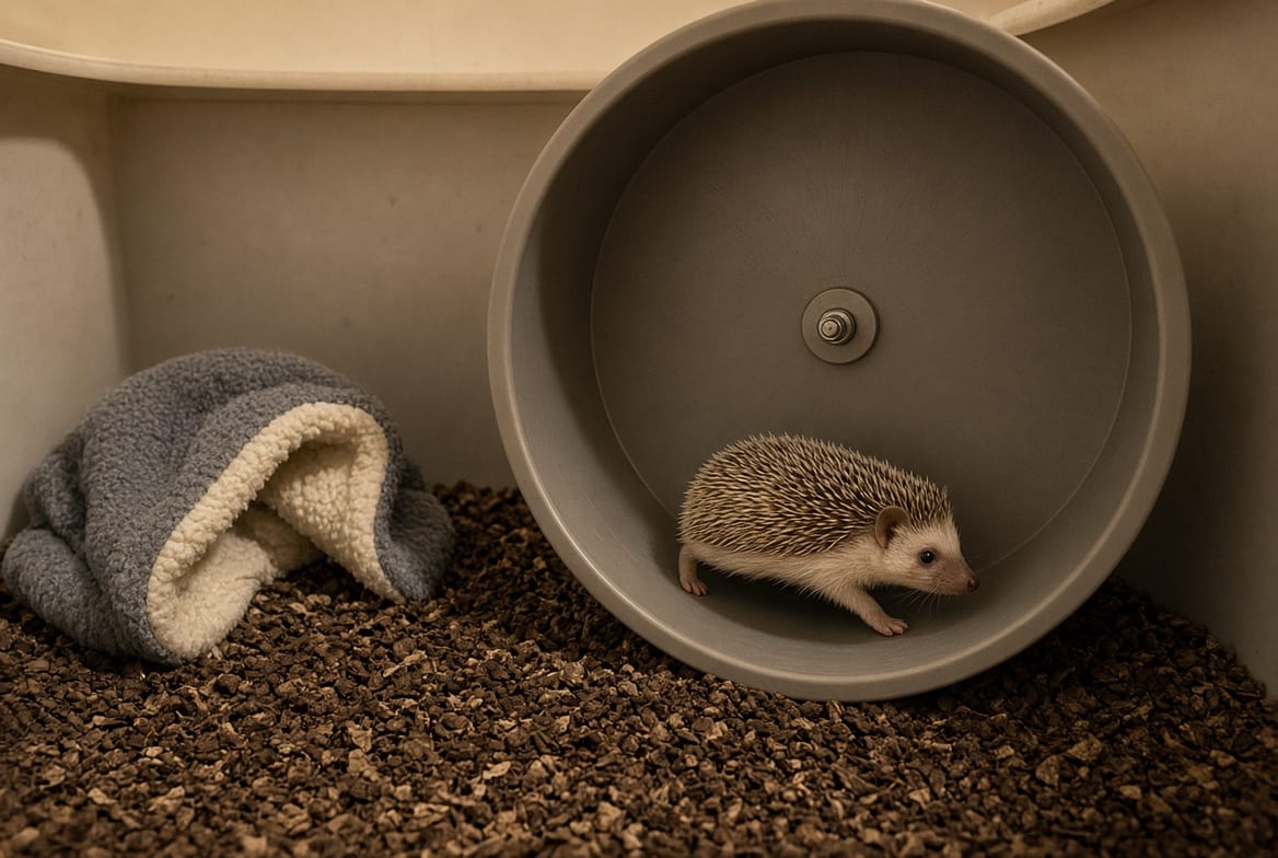 An African pygmy hedgehog running on a large solid wheel beside a fleece hide