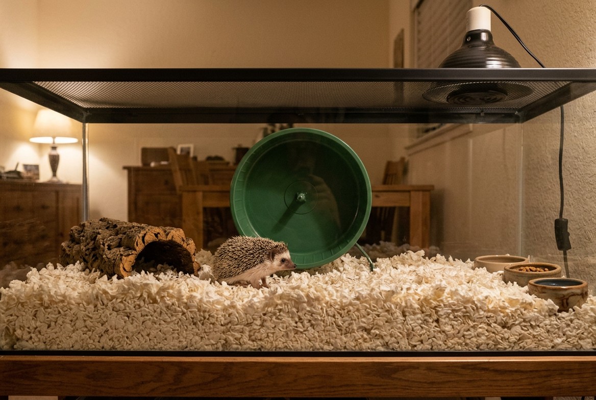 Hedgehog enclosure with solid flooring, a heat emitter, hideout, and exercise wheel