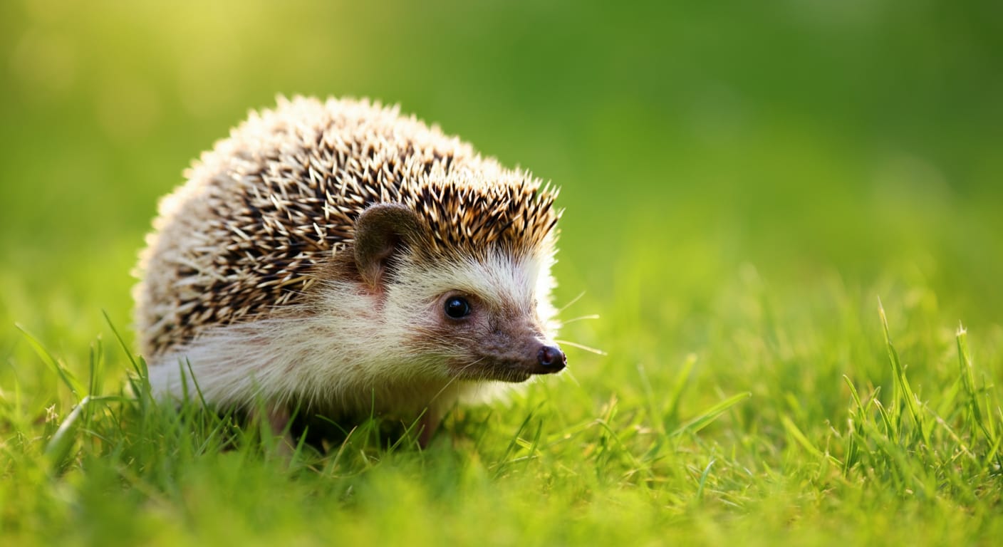 A cute hedgehog exploring green grass in bright natural light