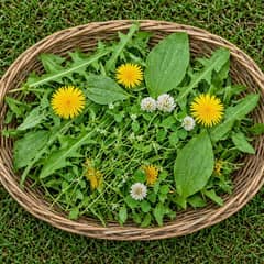 A tortoise grazing on a patch of dandelion, clover, and plantain growing in a garden lawn