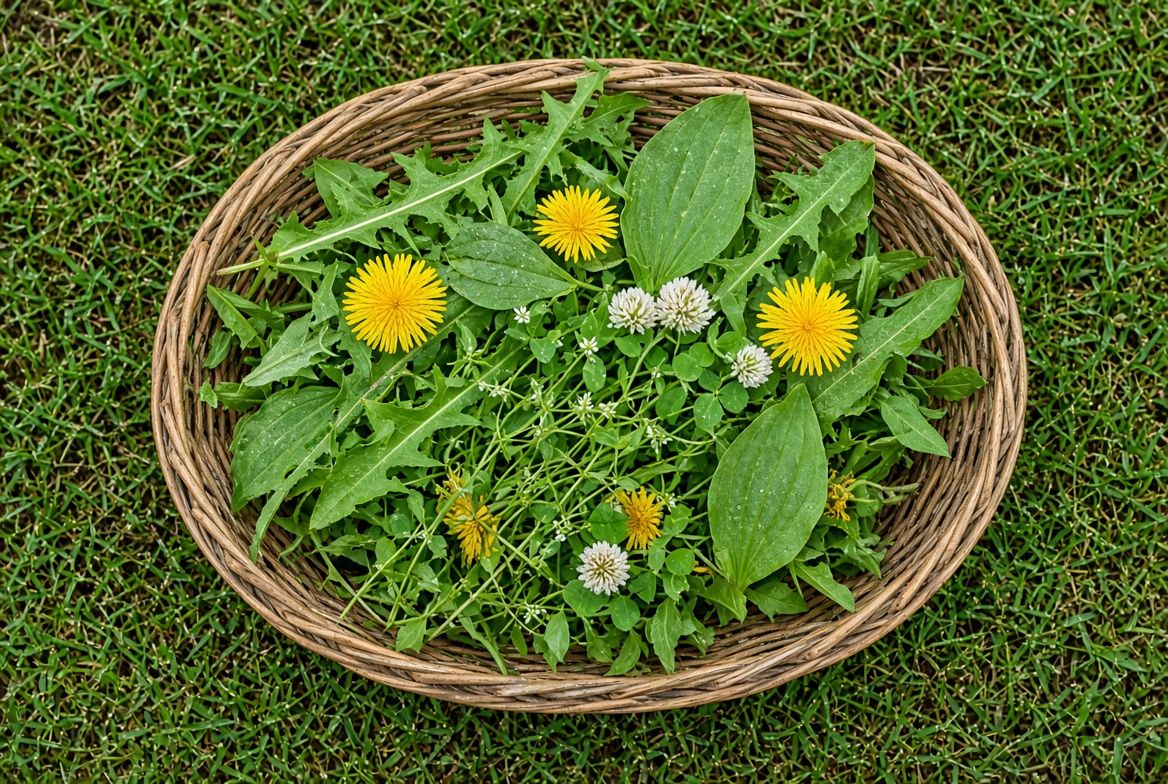 A tortoise grazing on a patch of dandelion, clover, and plantain growing in a garden lawn