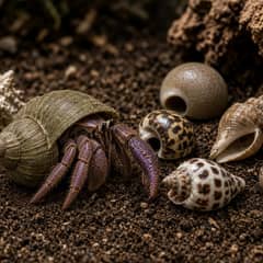 Land hermit crabs among a scattered selection of empty shells in varied sizes